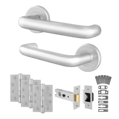 Afit Satin Fire Door HandlesLatch And Hinge Kit For Fire DoorsAluminium 19mm Return To Door Lever On Rose Handles from B&Q