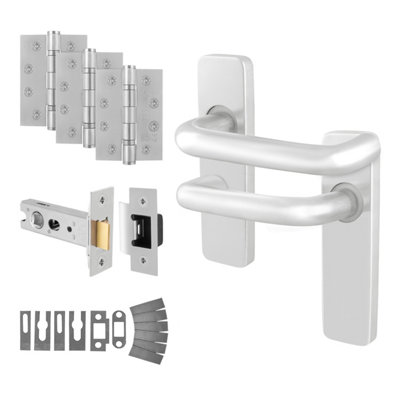 Afit Satin Fire Door HandlesLatch And Hinge Kit For Fire DoorsAluminium 19mm Return To Door On Backplate Handles from B&Q