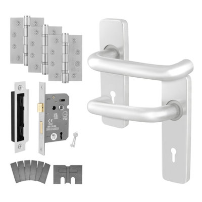 Afit Satin Fire Door Handles Key Lock And Hinge Kit For Fire DoorsAluminium 19mm Return To Door On Backplate Handles from B&Q