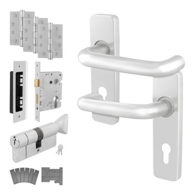 Afit Satin Fire Door Handle Euro Cylinder Lock And Hinge Kit Fire Doors Aluminium 19mm Return To Door Lever On Backplate from B&Q