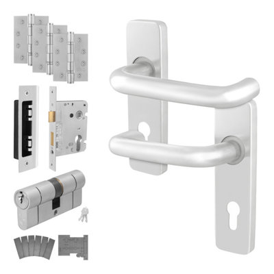 Afit Satin Fire Door Handle Euro Cylinder Lock And Hinge Kit Fire Doors Aluminium 19mm Return To Door Lever On Backplate from B&Q