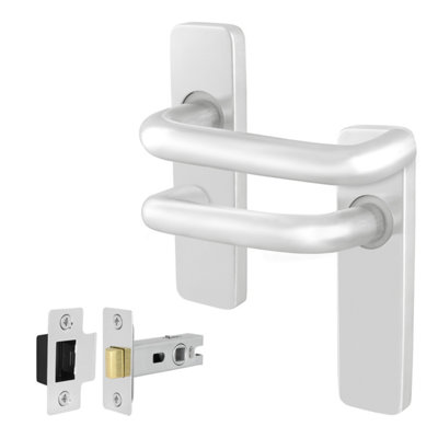 Afit Satin Aluminium Door Handles Latch 64mm Kit19mm Return To Door Lever On Backplate HandlesSatin Finish from B&Q