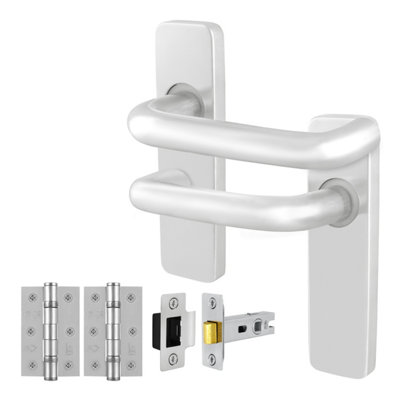 Afit Satin Aluminium Door Handles Latch 76mm And Hinge Kit19mm Return To Door Lever On Backplate HandlesSatin Finish from B&Q
