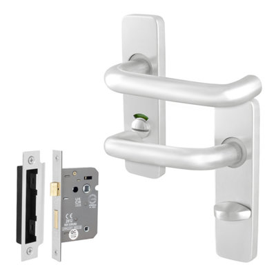 Afit Satin Aluminium Door Handles Bathroom Lock 64mm Kit19mm Return To Door Lever On Backplate HandlesSatin Finish from B&Q