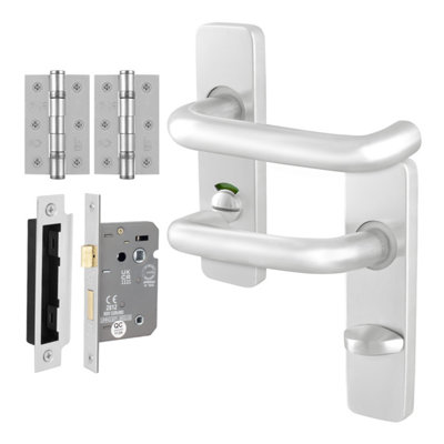 Afit Satin Aluminium Door Handles Bathroom Lock 64mm And Hinge Kit19mm Return To Door Lever On Backplate Satin Handles from B&Q