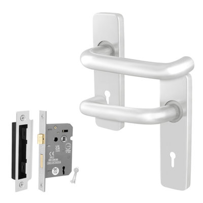 Afit Satin Aluminium Door Handles And Key Lock Kit19mm Return To Door Lever On Backplate HandlesSatin Finish from B&Q