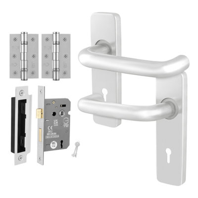 Afit Satin Aluminium Door Handles Key Lock 64mm And Hinge Kit19mm Return To Door Lever On Backplate HandlesSatin from B&Q
