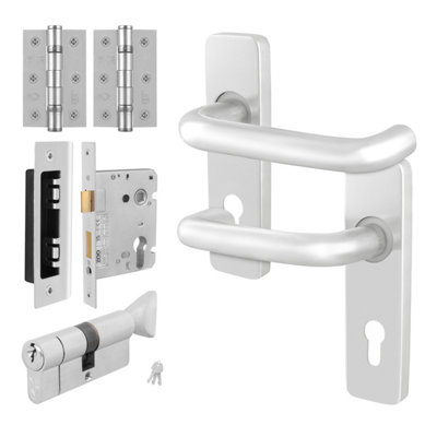 Afit Satin Aluminium Door Handles Euro Cylinder Lock And Hinge Kit19mm Return To Door Lever On Backplate Satin Handles from B&Q