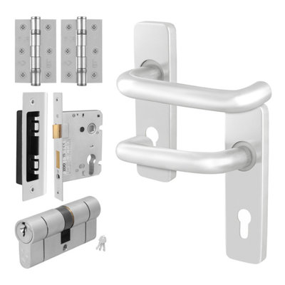 Afit Satin Aluminium Door Handles Euro Cylinder Lock And Hinge Kit19mm Return To Door Lever On Backplate Satin Handles from B&Q