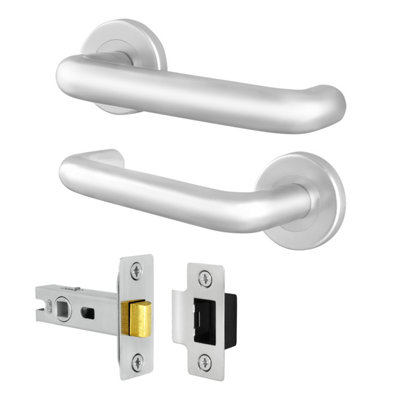 Afit Satin Aluminium Door Handles Latch 64mm Kit19mm Return To Door Lever On Rose Handles52mm RoseSatin Finish from B&Q