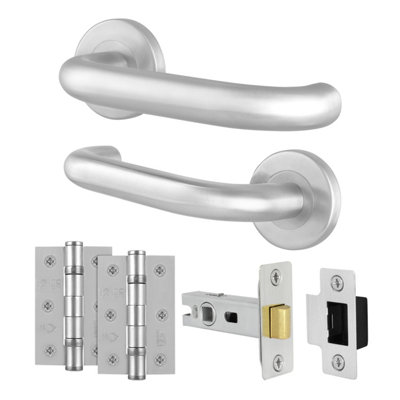 Afit Satin Aluminium Door Handles Latch 64mm And Hinge Kit19mm Return To Door Lever On Rose Handles53mm RoseSatin from B&Q