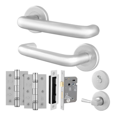 Afit Satin Aluminium Door Handles Bathroom Lock 64mm And Hinge Kit19mm Return To Door Lever On Rose HandlesSatin from B&Q