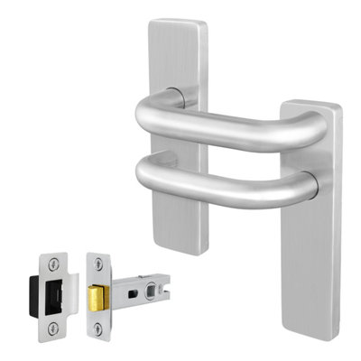 Afit Stainless Steel Door Handles Latch 64mm Kit19mm Return To Door Lever On Backplate HandlesSatin Finish from B&Q
