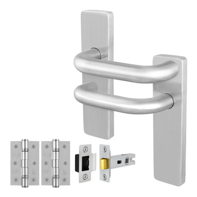 Afit Stainless Steel Door Handles Latch 64mm And Hinge Kit19mm Return To Door Lever On Backplate HandlesSatin from B&Q