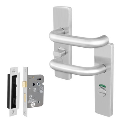 Afit Stainless Steel Door Handles Bathroom Lock 64mm Kit19mm Return To Door Lever On Backplate HandlesSatin Finish from B&Q