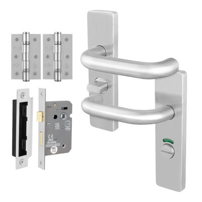 Afit Stainless Steel Door Handles Bathroom Lock 80mm And Hinge Kit19mm Return To Door On Backplate  HandlesSatin from B&Q
