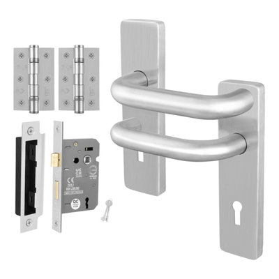 Afit Stainless Steel Door Handles Key Lock 64mm And Hinge Kit19mm Return To Door Lever On Backplate HandlesSatin from B&Q