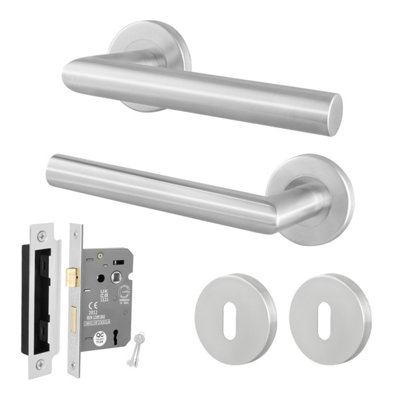 Afit Stainless Steel Door Handles And Key Lock 64mm KitSatin Lever On Round Rose HandlesMiro Range from B&Q