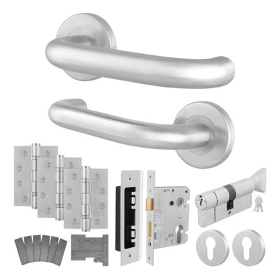 Afit Stainless Steel Door Handle Euro Cylinder Lock And Hinge Kit Fire Doors 19mm Return To Door Lever On RoseSatin from B&Q