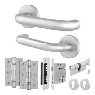 Afit Stainless Steel Door Handles Euro Cylinder Lock And Hinge Kit19mm Return To Door Lever On Rose HandlesSatin from B&Q