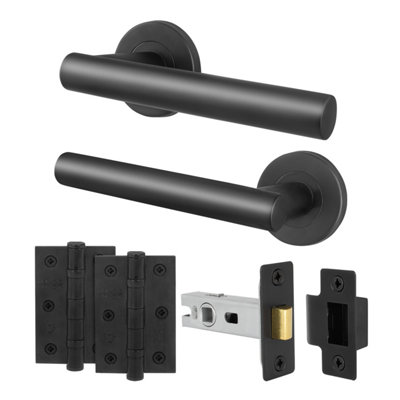 Afit Stainless Steel Door Handles Latch 76mm And Hinge KitMatt Black T-Bar Lever On Round Rose HandlesVano Range from B&Q