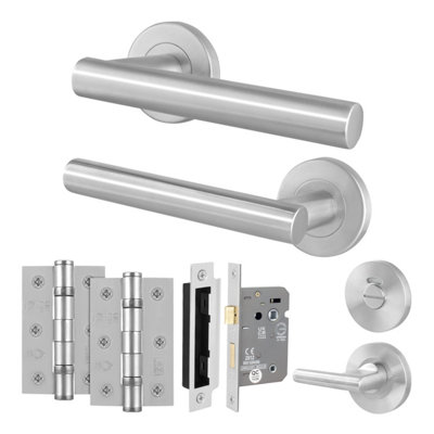 Afit Unisex Silver Door Handles Bathroom Lock 80Mm, Hinge Kit, Satin T-Bar Lever Rose In | Size: 150Mm X 150Mm - Image 2