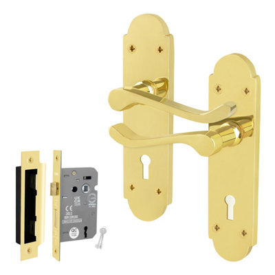 Afit Brass Door Handles Lock Set1 Pair Of Internal Polished Brass Victorian Scroll Backplate Handles And Lock 64mm from B&Q