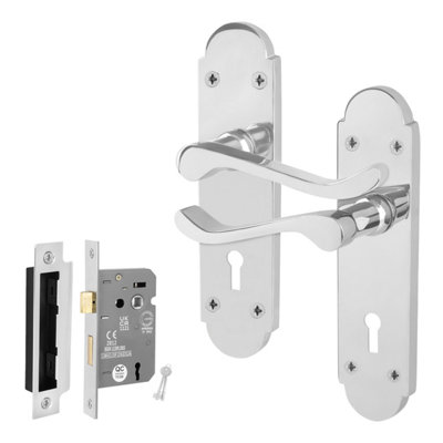 Afit Chrome Door Handles Lock Set1 Pair Of Internal Polished Chrome Victorian Scroll Backplate Handles And Lock 64mm from B&Q
