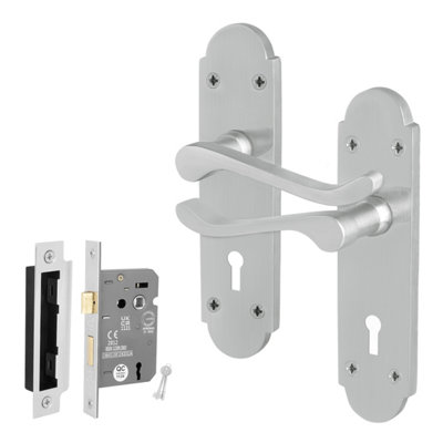 Afit Satin Door Handles Lock Set1 Pair Of Internal Satin Chrome Victorian Scroll Backplate Handles And Lock 64mm from B&Q