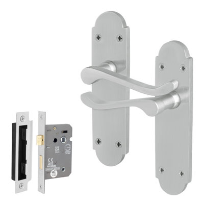 Afit Satin Bathroom Door Handle Set1 Pair Of Internal Satin Chrome Victorian Scroll Backplate Handle And Lock 64mm from B&Q