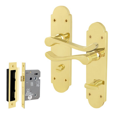 Afit Brass Bathroom Door Handle Set1 Pair Of Internal Polished Brass Victorian Scroll Backplate Handle And Lock 64mm from B&Q