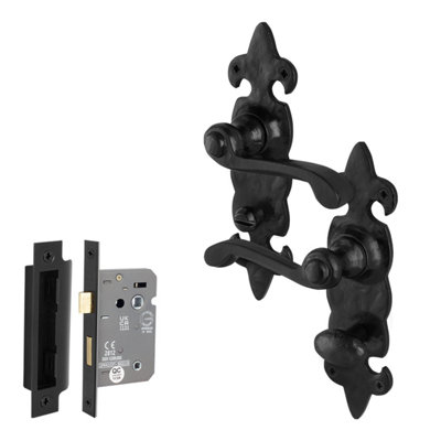 Afit Fleur De Lys Black Antique Door Handles Bathroom Kit1 Pair Rustic Cast Iron Internal Door Handles And Lock 64mm from B&Q