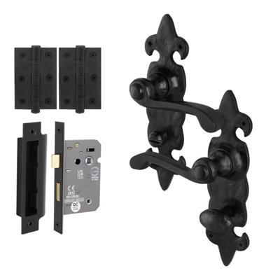 Afit Fleur De Lys Black Antique Door Handles Bathroom Kit1 Pair Rustic Cast Iron Internal HandlesLock 80mmHinges from B&Q