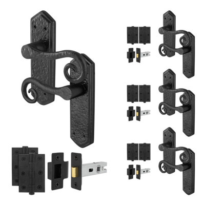 Afit Black Antique Door Handles Latch Kit4 Pairs Of Cast Iron Curly Tail Internal Door HandlesLatch 64mm And Hinges from B&Q