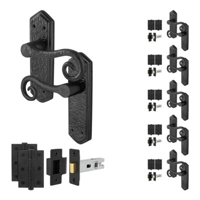 Afit Black Antique Door Handles Latch Kit6 Pairs Of Cast Iron Curly Tail Internal Door HandlesLatch 64mm And Hinges from B&Q