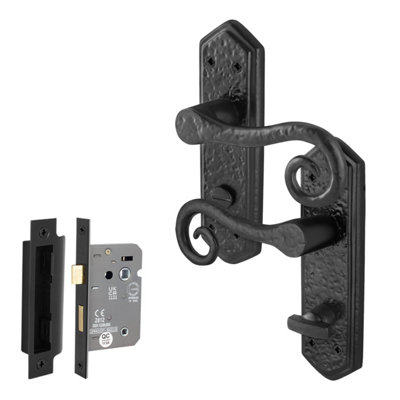 Afit Black Antique Door Handles Bathroom1 Pair Cast Iron Curly Tail Internal Door Handles On Backplate And Lock 64mm from B&Q