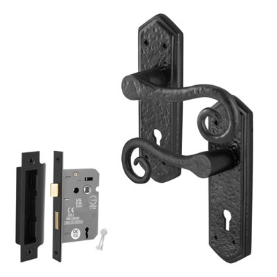 Afit Black Antique Door Handles Key Lock1 Pair Cast Iron Curly Tail Door Handles On Backplate Internal And Lock 64mm from B&Q