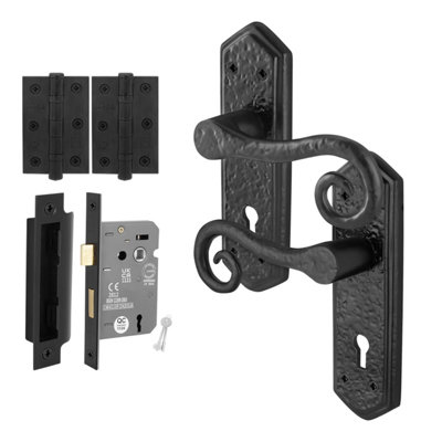 Afit Black Antique Door Handles Key Lock Kit1 Pair Of Cast Iron Curly Tail Internal Door HandlesLock 64mm And Hinges from B&Q
