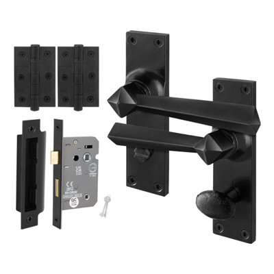 Afit Black Antique Door Handles Bathroom Kit1 Pair Rustic Cast Iron Internal HandlesLock 80mmHingesToton Range from B&Q