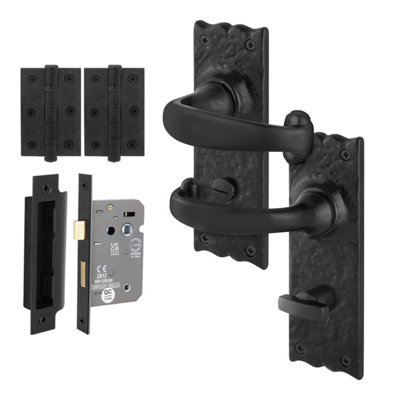 Afit Black Antique Door Handles Bathroom Kit1 Pair Cast Iron Internal Rustic HandlesLock 64mmHingesCorby Range from B&Q