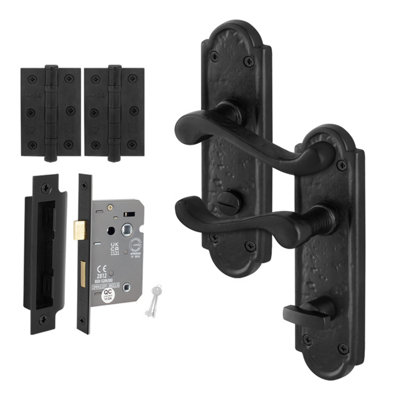 B&Q -  Black Antique Door Handles Bathroom1 Pair Cast Iron Scroll Backplate Internal HandlesLock 80mmHingesAlton