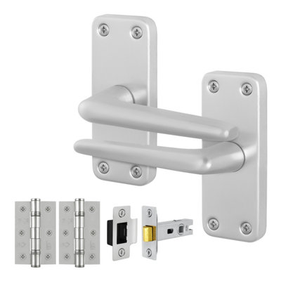 Afit Satin Aluminium Door Handles Latch 64mm And Hinge KitContract Style Lever On Backplate HandlesSatin Finish from B&Q