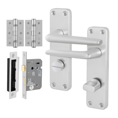Afit Satin Aluminium Door Handles Bathroom Lock 80mm And Hinge KitContract Style Lever On Backplate Satin Handles from B&Q