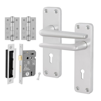 Afit Satin Aluminium Door Handles Key Lock 64mm And Hinge KitContract Style Lever On Backplate HandlesSatin from B&Q