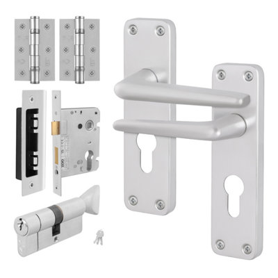 Afit Satin Aluminium Door Handles Euro Cylinder Lock And Hinge KitContract Style Lever On Backplate Satin Handles from B&Q