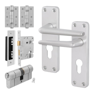Afit Satin Aluminium Door Handles Euro Cylinder Lock And Hinge KitContract Style Lever On Backplate Satin Handles from B&Q