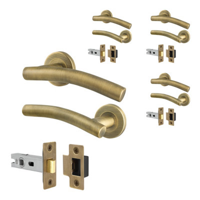 Afit Brass Door Handles Round Rose4 Pairs Of Antique Brass Curved Internal Lever Handles And Latch 64mmArco Range from B&Q