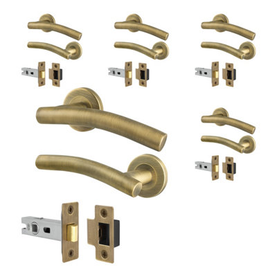 Afit Brass Door Handles Round Rose5 Pairs Of Antique Brass Curved Internal Lever Handles And Latch 64mmArco Range from B&Q