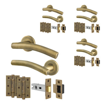 Afit Brass Door Handles Round Rose4 Pairs Antique Brass Curved Internal Lever HandlesLatch 64mm And HingesArco from B&Q