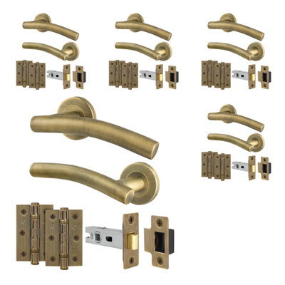 Afit Brass Door Handles Round Rose5 Pairs Antique Brass Curved Internal Lever HandlesLatch 64mm And HingesArco from B&Q